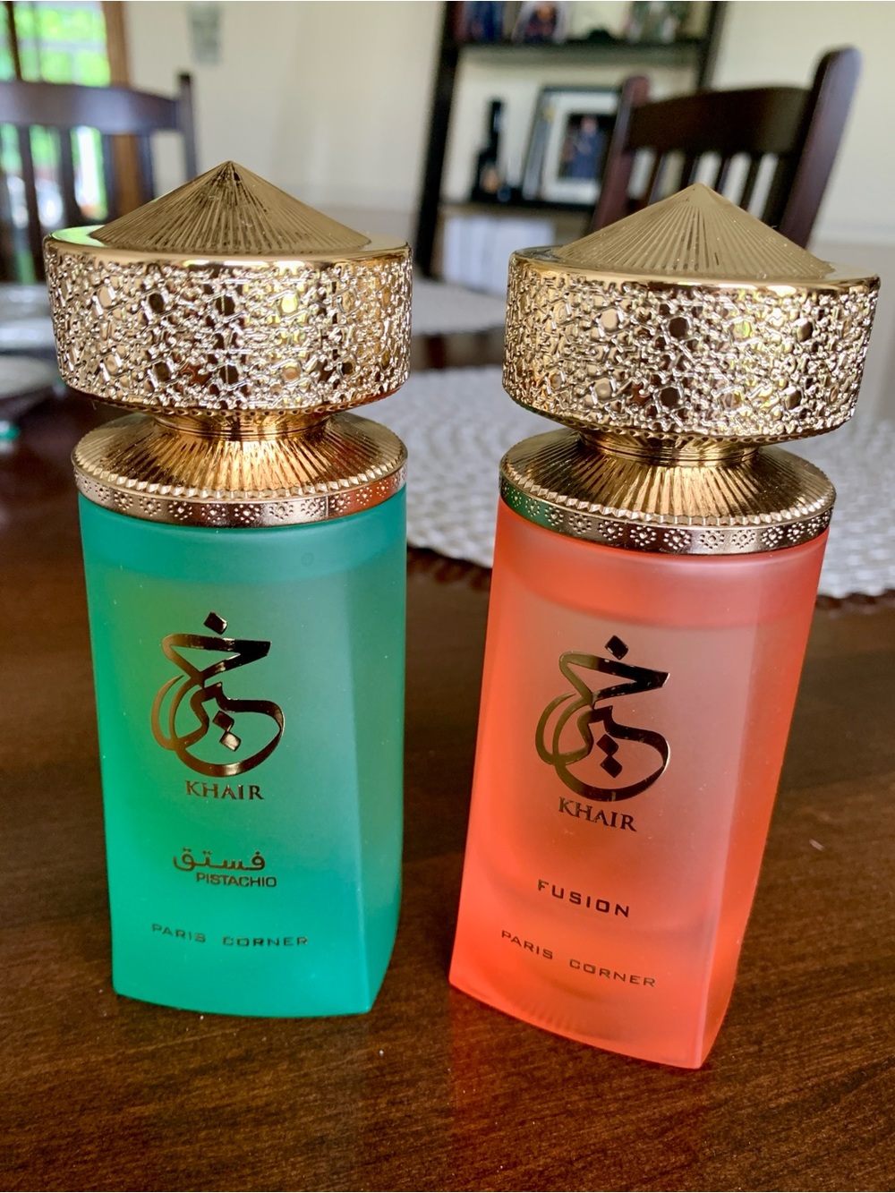 Khair Pistachio & Fusion Perfume Duo — Green & Coral Gold Bottles